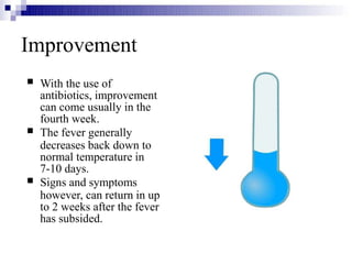 Improvement



With the use of
antibiotics, improvement
can come usually in the
fourth week.
The fever generally
decreases back down to
normal temperature in
7-10 days.
Signs and symptoms
however, can return in up
to 2 weeks after the fever
has subsided.
 