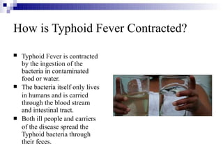 How is Typhoid Fever Contracted?



Typhoid Fever is contracted
by the ingestion of the
bacteria in contaminated
food or water.
The bacteria itself only lives
in humans and is carried
through the blood stream
and intestinal tract.
Both ill people and carriers
of the disease spread the
Typhoid bacteria through
their feces.
 