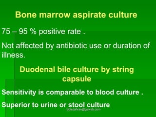 [email_address] Bone marrow aspirate culture 75 – 95 % positive rate . Not affected by antibiotic use or duration of illness. Duodenal bile culture by string capsule Sensitivity is comparable to blood culture . Superior to urine or stool culture 