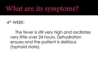 4th WEEK:
The fever is still very high and oscillates
very little over 24 hours. Dehydration
ensues and the patient is delirious
(typhoid state).
 