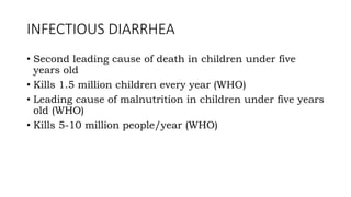 INFECTIOUS DIARRHEA
• Second leading cause of death in children under five
years old
• Kills 1.5 million children every year (WHO)
• Leading cause of malnutrition in children under five years
old (WHO)
• Kills 5-10 million people/year (WHO)
 