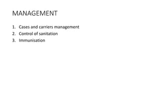 MANAGEMENT
1. Cases and carriers management
2. Control of sanitation
3. Immunisation
 