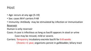 Host
• Age: occurs at any age (5-19)
• Sex: cases M>F carriers F>M
• Immunity: Antibody may be stimulated by infection or immunisation
Reservoir
Human is only reservoir
Cases: A case is infectious as long as bacilli appears in stool or urine
Case may be missed, mild or severe.
Carriers: Temparory incubatory-excrete bacilli for 6-8 weeks
Chronic->1 year, organisms persist in gallbladder, biliary tract
 