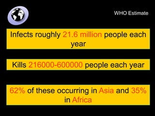 Infects roughly 21.6 million people each
year
WHO Estimate
62% of these occurring in Asia and 35%
in Africa
Kills 216000-600000 people each year
 