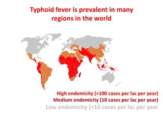 Typhoid fever is prevalent in many
regions in the world
High endemicity (>100 cases per lac per year)
Medium endemicity (10 cases per lac per year)
Low endemicity (<10 cases per lac per year
 