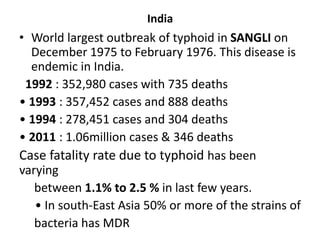 India
• World largest outbreak of typhoid in SANGLI on
December 1975 to February 1976. This disease is
endemic in India.
1992 : 352,980 cases with 735 deaths
• 1993 : 357,452 cases and 888 deaths
• 1994 : 278,451 cases and 304 deaths
• 2011 : 1.06million cases & 346 deaths
Case fatality rate due to typhoid has been
varying
between 1.1% to 2.5 % in last few years.
• In south-East Asia 50% or more of the strains of
bacteria has MDR
 