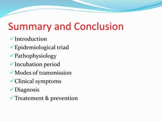 Summary and Conclusion
Introduction
Epidemiological triad
Pathophysiology
Incubation period
Modes of transmission
Clinical symptoms
Diagnosis
Treatement & prevention
 