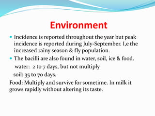 Environment
 Incidence is reported through0ut the year but peak
incidence is reported during July-September. I,e the
increased rainy season & fly population.
 The bacilli are also found in water, soil, ice & food.
water: 2 to 7 days, but not multiply
soil: 35 to 70 days.
Food: Multiply and survive for sometime. In milk it
grows rapidly without altering its taste.
 