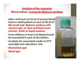 Isolation of the organism
    Blood culture- Castaneda Biphasic medium

• Add a minimum of 10 ml of venous blood
  from an adult patient to each of 50 ml of
  Bile broth and Biphasic medium with
  nutrient agar as slant and Brain heart




                                               deepababin@gmail.com
  infusion broth as liquid medium
• From children at least 5 ml blood should
  be inoculated in each of the bottles.
• Incubate the inoculated media at 37oC
  overnight and subculture into
• MacConkey agar
                                                   6
• Blood agar
 