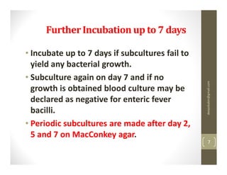 Further Incubation up to 7 days

• Incubate up to 7 days if subcultures fail to
  yield any bacterial growth.
• Subculture again on day 7 and if no




                                                 deepababin@gmail.com
  growth is obtained blood culture may be
  declared as negative for enteric fever
  bacilli.
• Periodic subcultures are made after day 2,
  5 and 7 on MacConkey agar.
                                                     7
 