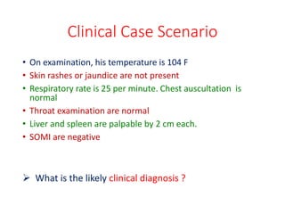 Clinical Case Scenario
• On examination, his temperature is 104 F
• Skin rashes or jaundice are not present
• Respiratory rate is 25 per minute. Chest auscultation is
normal
• Throat examination are normal
• Liver and spleen are palpable by 2 cm each.
• SOMI are negative
 What is the likely clinical diagnosis ?
 