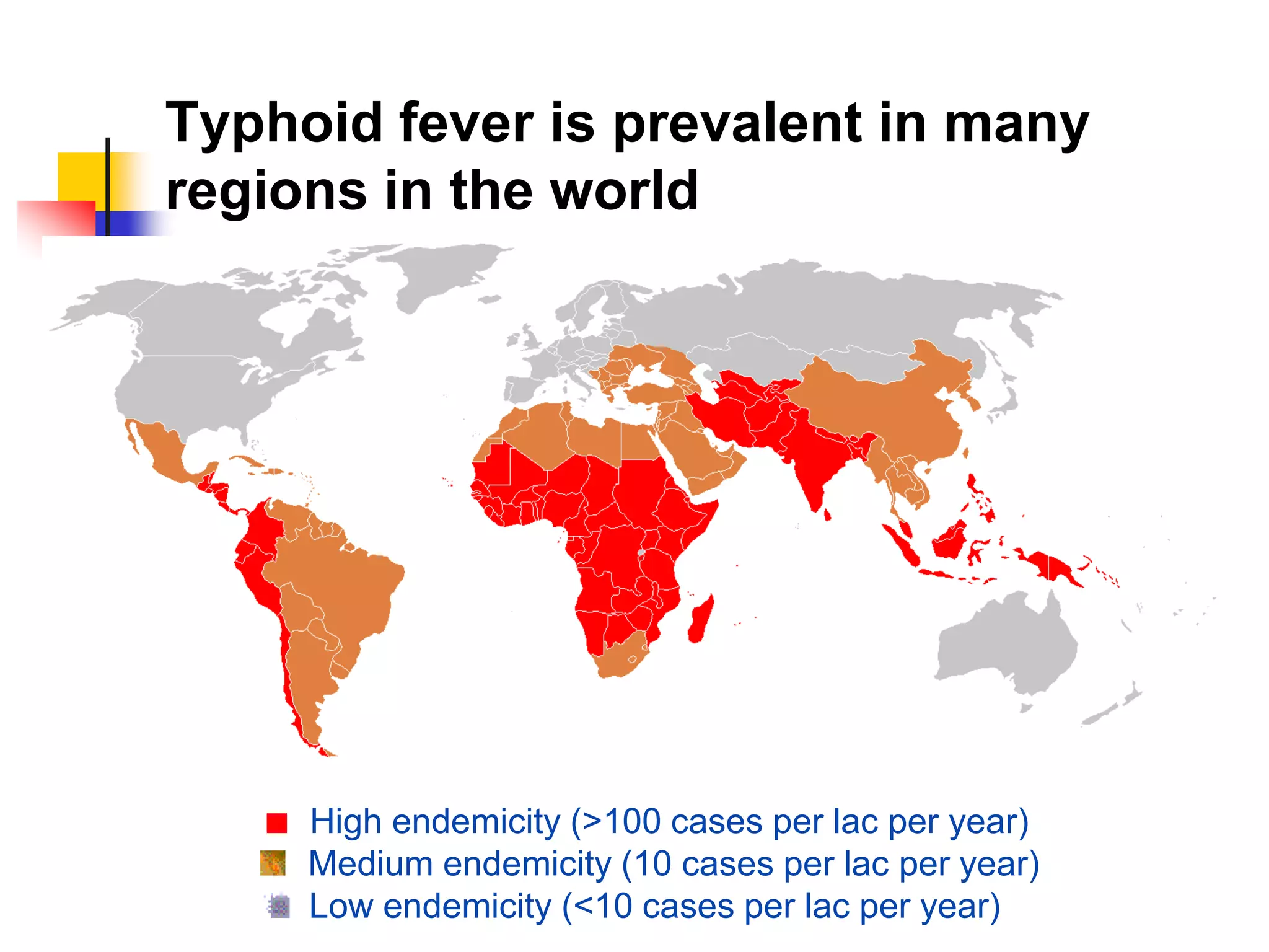 Typhoid fever is prevalent in many
regions in the world
High endemicity (>100 cases per lac per year)
Medium endemicity (10 cases per lac per year)
Low endemicity (<10 cases per lac per year)
 