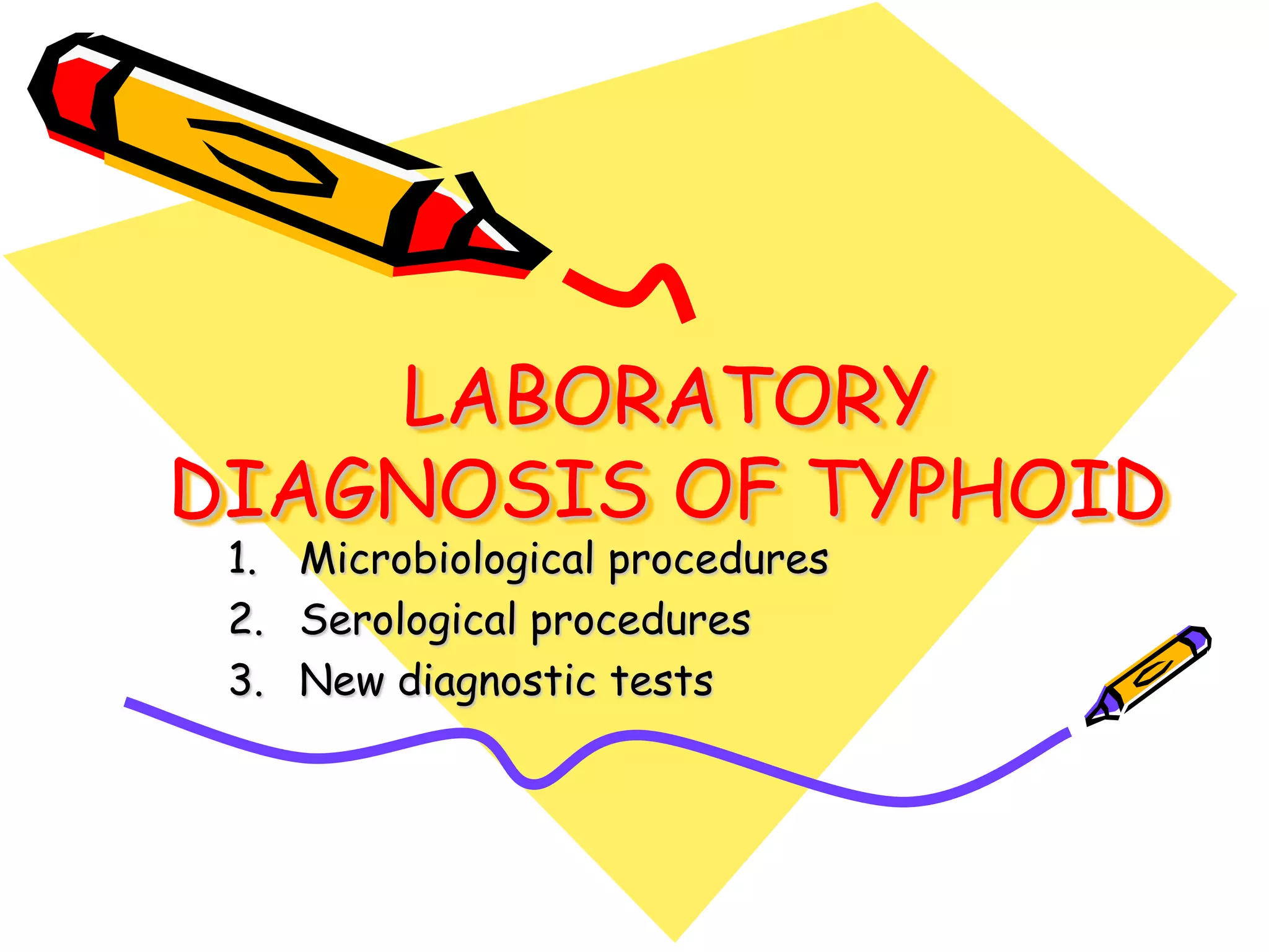 LABORATORY
DIAGNOSIS OF TYPHOID
1. Microbiological procedures
2. Serological procedures
3. New diagnostic tests
 