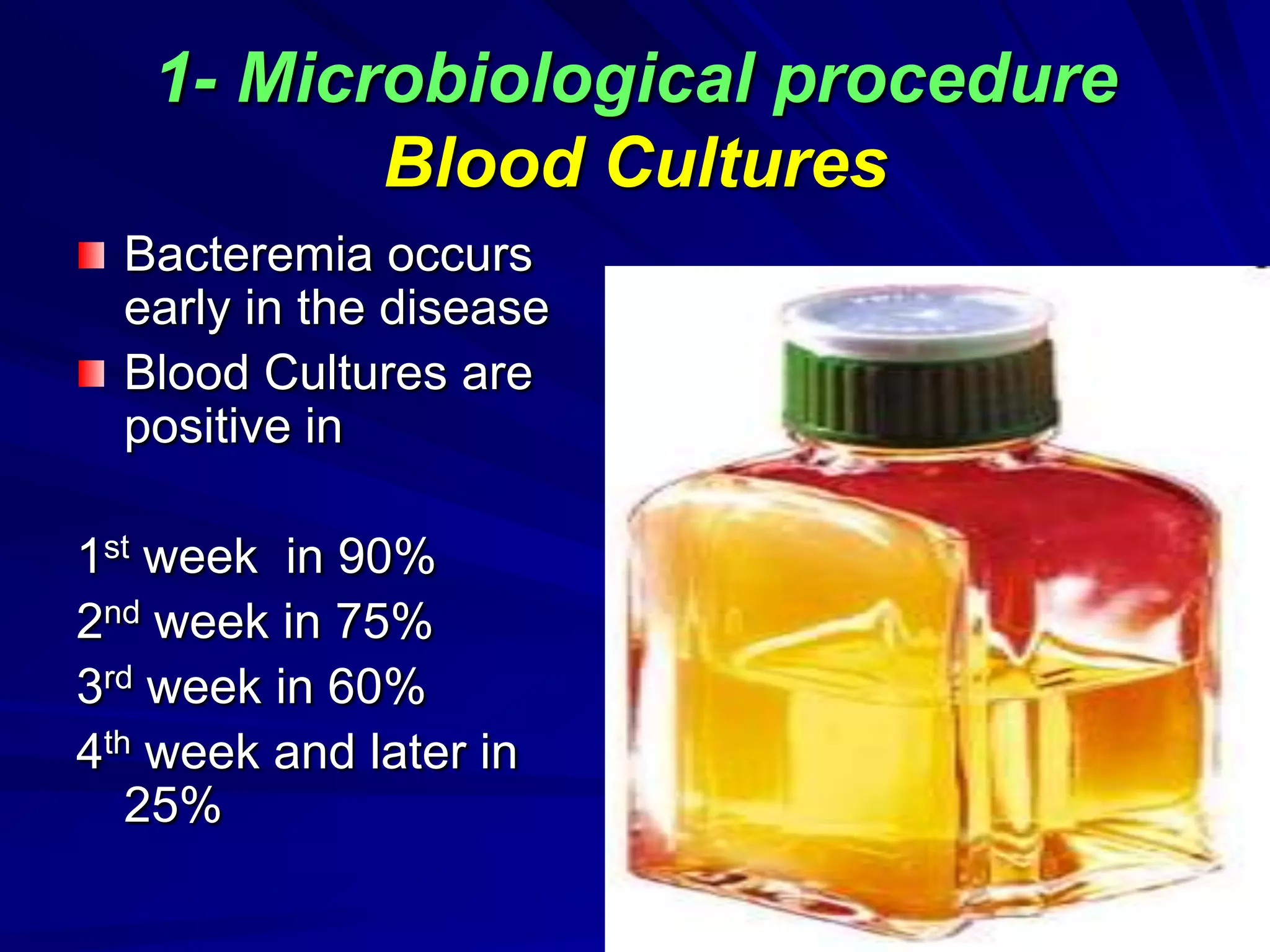 1- Microbiological procedure
Blood Cultures
Bacteremia occurs
early in the disease
Blood Cultures are
positive in
1st week in 90%
2nd week in 75%
3rd week in 60%
4th week and later in
25%
 