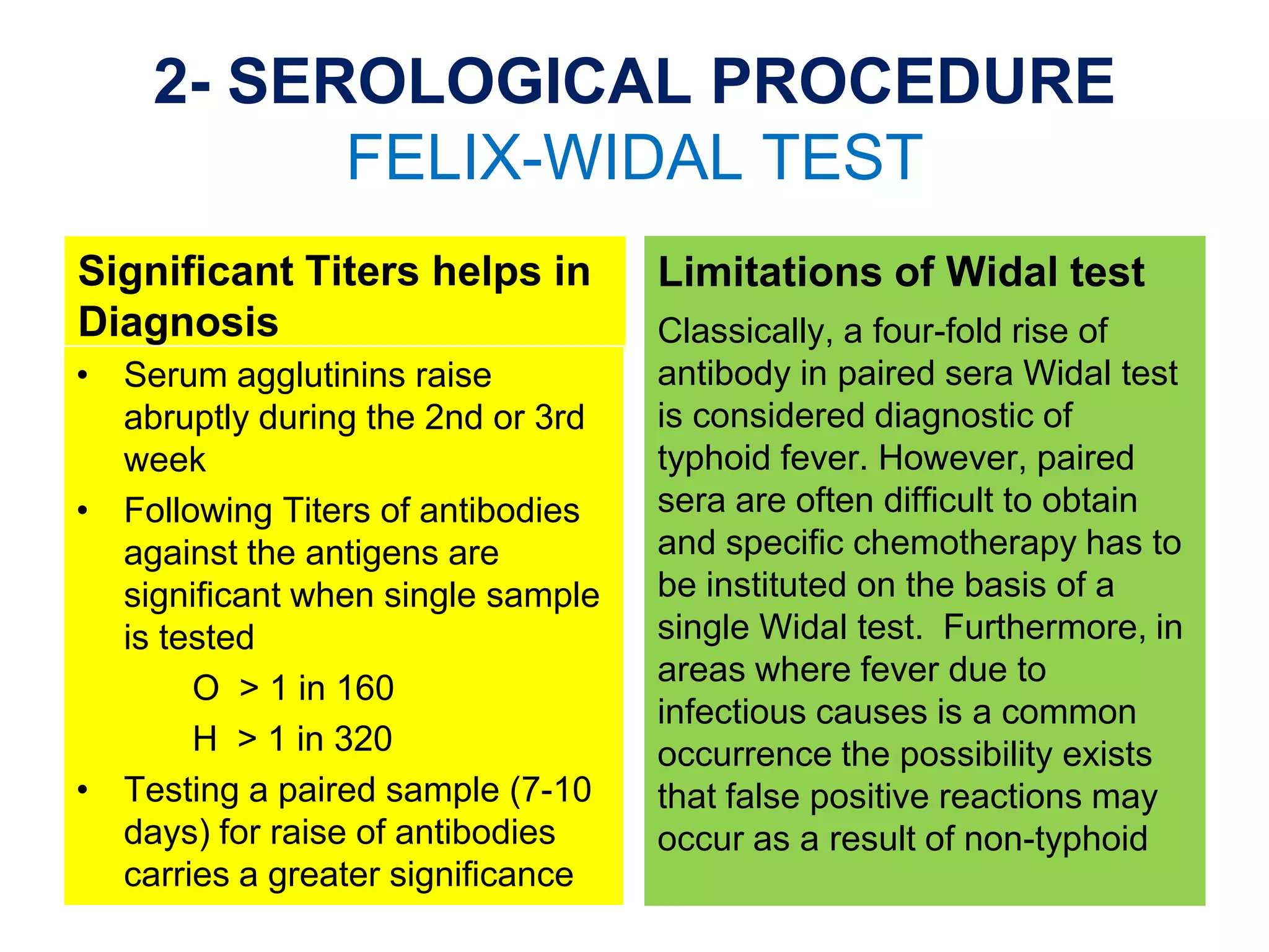 2- SEROLOGICAL PROCEDURE
FELIX-WIDAL TEST
Significant Titers helps in
Diagnosis
• Serum agglutinins raise
abruptly during the 2nd or 3rd
week
• Following Titers of antibodies
against the antigens are
significant when single sample
is tested
O > 1 in 160
H > 1 in 320
• Testing a paired sample (7-10
days) for raise of antibodies
carries a greater significance
Limitations of Widal test
Classically, a four-fold rise of
antibody in paired sera Widal test
is considered diagnostic of
typhoid fever. However, paired
sera are often difficult to obtain
and specific chemotherapy has to
be instituted on the basis of a
single Widal test. Furthermore, in
areas where fever due to
infectious causes is a common
occurrence the possibility exists
that false positive reactions may
occur as a result of non-typhoid
 