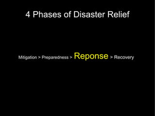 4 Phases of Disaster Relief



Mitigation > Preparedness >   Reponse > Recovery
 