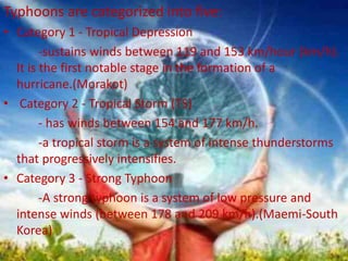 Typhoons are categorized into five:
• Category 1 - Tropical Depression
-sustains winds between 119 and 153 km/hour (km/h).
It is the first notable stage in the formation of a
hurricane.(Morakot)
• Category 2 - Tropical Storm (TS)
- has winds between 154 and 177 km/h.
-a tropical storm is a system of intense thunderstorms
that progressively intensifies.
• Category 3 - Strong Typhoon
-A strong typhoon is a system of low pressure and
intense winds (between 178 and 209 km/h).(Maemi-South
Korea)
 