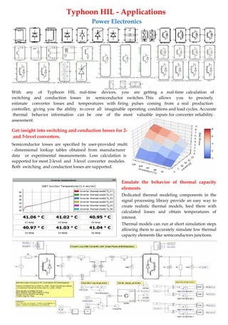 With any of Typhoon HIL real-time devices, you are getting a real-time calculation of
switching and conduction losses in semiconductor switches. This allows you to precisely
estimate converter losses and temperatures with firing pulses coming from a real production
controller, giving you the ability to cover all imaginable operating conditions and load cycles. Accurate
thermal behavior information can be one of the most valuable inputs for converter reliability
assessment.
Get insight into switching and conduction losses for 2-
and 3-level converters.
Semiconductor losses are specified by user-provided multi
- dimensional lookup tables obtained from manufacturer
data or experimental measurements. Loss calculation is
supported for most 2-level and 3-level converter modules.
Both switching and conduction losses are supported.
Emulate the behavior of thermal capacity
elements
Dedicated thermal modeling components in the
signal processing library provide an easy way to
create realistic thermal models, feed them with
calculated losses and obtain temperatures of
interest.
Thermal models can run at short simulation steps
allowing them to accurately simulate low thermal
capacity elements like semiconductors junctions.
Typhoon HIL - Applications
Power Electronics
 
