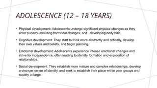 ADOLESCENCE (12 – 18 YEARS)
• Physical development: Adolescents undergo significant physical changes as they
enter puberty, including hormonal changes, and developing body hair.
• Cognitive development: They start to think more abstractly and critically, develop
their own values and beliefs, and begin planning.
• Emotional development: Adolescents experience intense emotional changes and
strive for independence, often leading to identity formation and exploration of
relationships.
• Social development: They establish more mature and complex relationships, develop
a stronger sense of identity, and seek to establish their place within peer groups and
society at large.
 