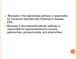   Blockade in the nigrostriatal pathway is responsible
  for movement disorders like Parkinson's disease,
  EPS.
 Blockade in the tuberoinfundibular pathway is
  responsible for hyperprolactinemia causing
  galactorrhea, gynaecomastia, and amenorrhea.
 