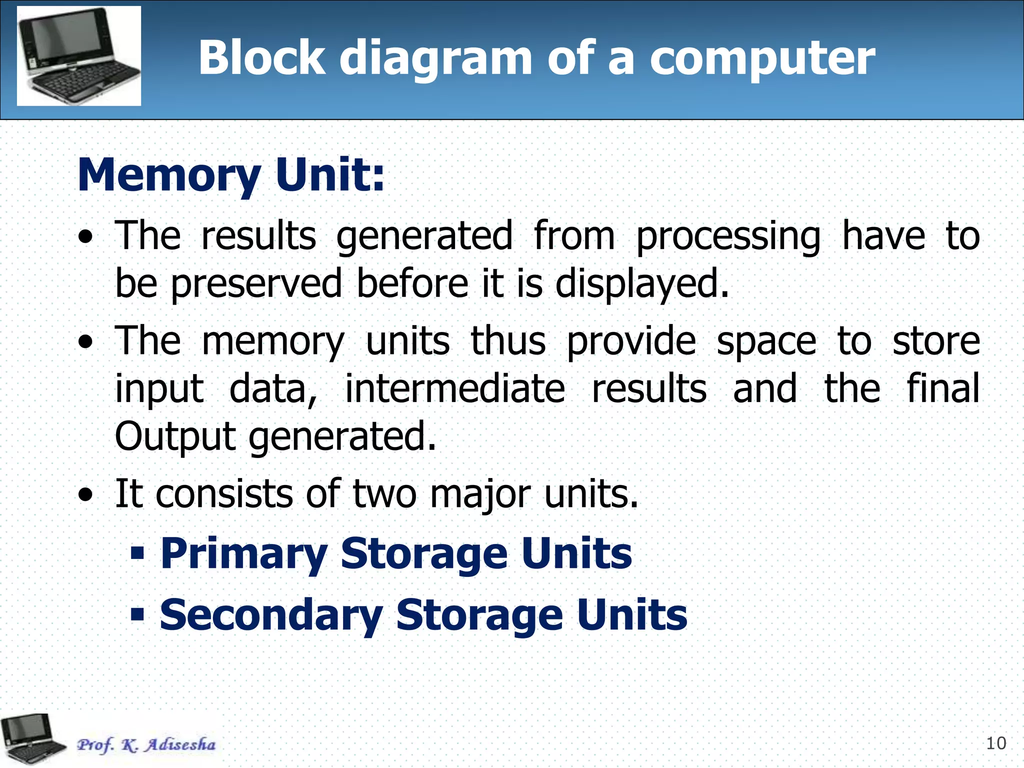 10
Block diagram of a computer
Memory Unit:
• The results generated from processing have to
be preserved before it is displayed.
• The memory units thus provide space to store
input data, intermediate results and the final
Output generated.
• It consists of two major units.
 Primary Storage Units
 Secondary Storage Units
 