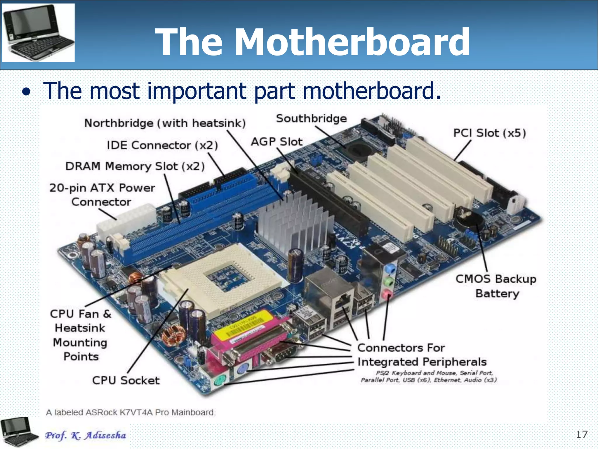 17
17
The Motherboard
• The most important part motherboard.
 