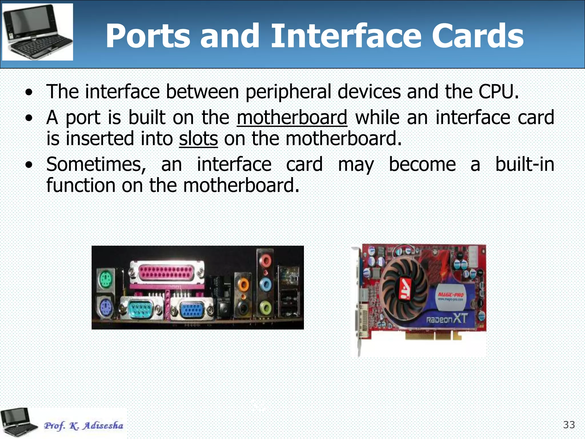 33
33
Ports and Interface Cards
• The interface between peripheral devices and the CPU.
• A port is built on the motherboard while an interface card
is inserted into slots on the motherboard.
• Sometimes, an interface card may become a built-in
function on the motherboard.
 