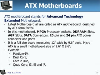 25
ATX Motherboards
25
ATX motherboard stands for Advanced Technology
Extended Motherboard.
• Latest Motherboard all are called as ATX motherboard, designed
by ATX form factor.
• In this motherboard, MPGA Processor sockets, DDRRAM Slots,
AGP Slots, SATA Connectors, 20 pin and 24 pin ATX power
connector and ports
• It is a full size board measuring 12” wide by 9.6” deep. Micro
ATX is a small motherboard size of 9.6” X 9.6”.
• Example:
• Pentium-IV,
• Dual Core,
• Core 2 Duo,
• Quad Core, i3, i5 and i7.
 