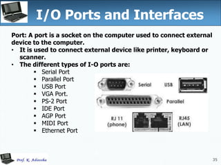 35
I/O Ports and Interfaces
35
Port: A port is a socket on the computer used to connect external
device to the computer.
• It is used to connect external device like printer, keyboard or
scanner.
• The different types of I-O ports are:
 Serial Port
 Parallel Port
 USB Port
 VGA Port.
 PS-2 Port
 IDE Port
 AGP Port
 MIDI Port
 Ethernet Port
 