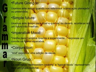 Future Going to: Usamos este tempo quando nos referirmos a uma ação planejada ou pretendida. Simple future: Usamos este tempo para dizer o que vai, ou deverá, acontecer em um futuro não imediato. Imperative Mood: “ Venha para Campina Grande e experimente...” expressa um convite na forma imperativa. Conjunction: “ And” expressa uma adição de ideias. Noun Grup: Os exemplos “northeastern cooking” e “typical foods” representam bem um grupo nominal. Grammar