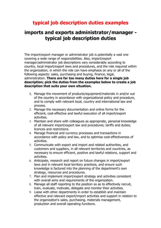 Typical Job Description Import Export Manager | DOC