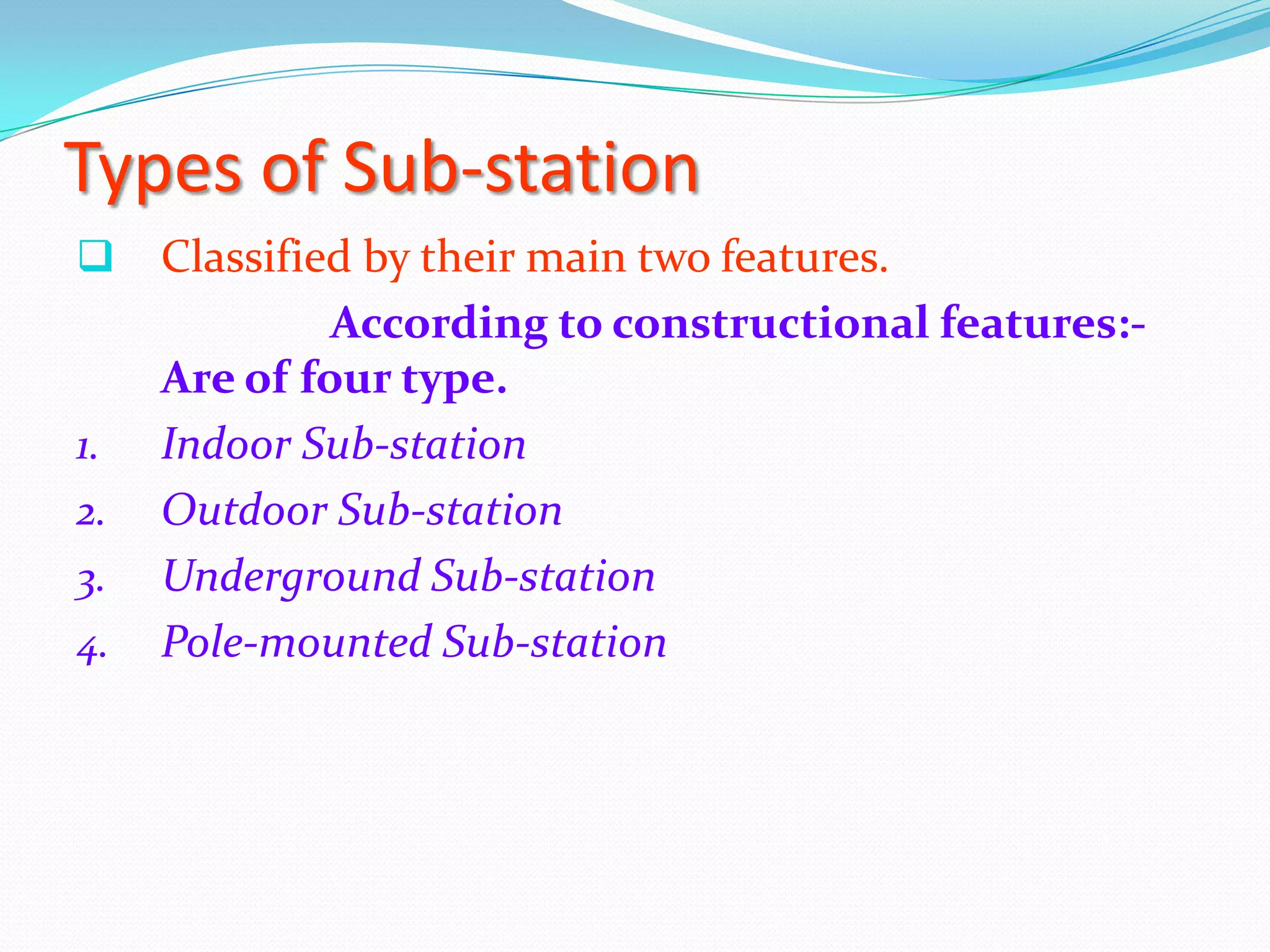 Types of Sub-station


1.
2.
3.
4.

Classified by their main two features.
According to constructional features:Are of four type.
Indoor Sub-station
Outdoor Sub-station
Underground Sub-station
Pole-mounted Sub-station

 
