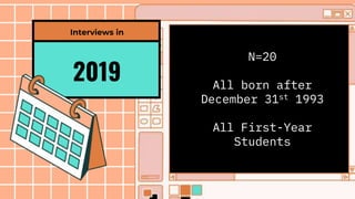 N=20
All born after
December 31st 1993
All First-Year
Students
2019
Interviews in
 