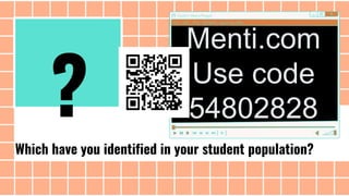 Which have you identified in your student population?
Menti.com
Use code
54802828
?
 