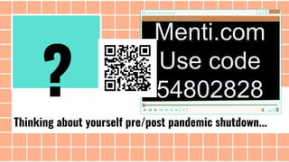 Thinking about yourself pre/post pandemic shutdown...
Menti.com
Use code
54802828
?
 