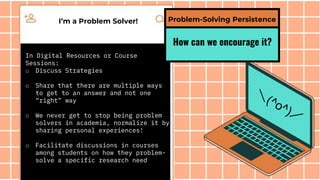 I’m a Problem Solver!
In Digital Resources or Course
Sessions:
o Discuss Strategies
o Share that there are multiple ways
to get to an answer and not one
“right” way
o We never get to stop being problem
solvers in academia, normalize it by
sharing personal experiences!
o Facilitate discussions in courses
among students on how they problem-
solve a specific research need
How can we encourage it?
Problem-Solving Persistence
 