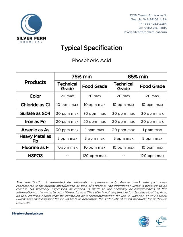 Typical Specification Sheet of Phosphoric Acid