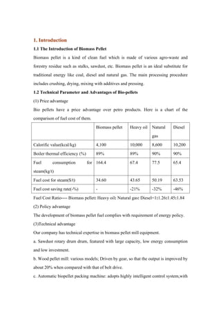 1. Introduction
1.1 The Introduction of Biomass Pellet
Biomass pellet is a kind of clean fuel which is made of various agro-waste and
forestry residue such as stalks, sawdust, etc. Biomass pellet is an ideal substitute for
traditional energy like coal, diesel and natural gas. The main processing procedure
includes crushing, drying, mixing with additives and pressing.
1.2 Technical Parameter and Advantages of Bio-pellets
(1) Price advantage
Bio pellets have a price advantage over petro products. Here is a chart of the
comparison of fuel cost of them.
Biomass pellet Heavy oil Natural
gas
Diesel
Calorific value(kcal/kg) 4,100 10,000 8,600 10,200
Boiler thermal efficiency (%) 89% 89% 90% 90%
Fuel consumption for
steam(kg/t)
164.4 67.4 77.5 65.4
Fuel cost for steam($/t) 34.60 43.65 50.19 63.53
Fuel cost saving rate(-%) - -21% -32% -46%
Fuel Cost Ratio---- Biomass pellet: Heavy oil: Natural gas: Diesel=1:1.26:1.45:1.84
(2) Policy advantage
The development of biomass pellet fuel complies with requirement of energy policy.
(3)Technical advantage
Our company has technical expertise in biomass pellet mill equipment.
a. Sawdust rotary drum drum, featured with large capacity, low energy consumption
and low investment.
b. Wood pellet mill: various models; Driven by gear, so that the output is improved by
about 20% when compared with that of belt drive.
c. Automatic biopellet packing machine: adopts highly intelligent control system,with
 