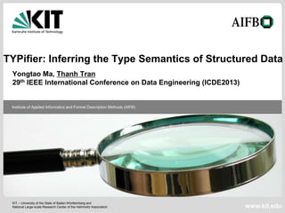KIT – University of the State of Baden-Württemberg and
National Large-scale Research Center of the Helmholtz Association
Institute of Applied Informatics and Formal Description Methods (AIFB)
www.kit.edu
TYPifier: Inferring the Type Semantics of Structured Data
Yongtao Ma, Thanh Tran
29th IEEE International Conference on Data Engineering (ICDE2013)
 