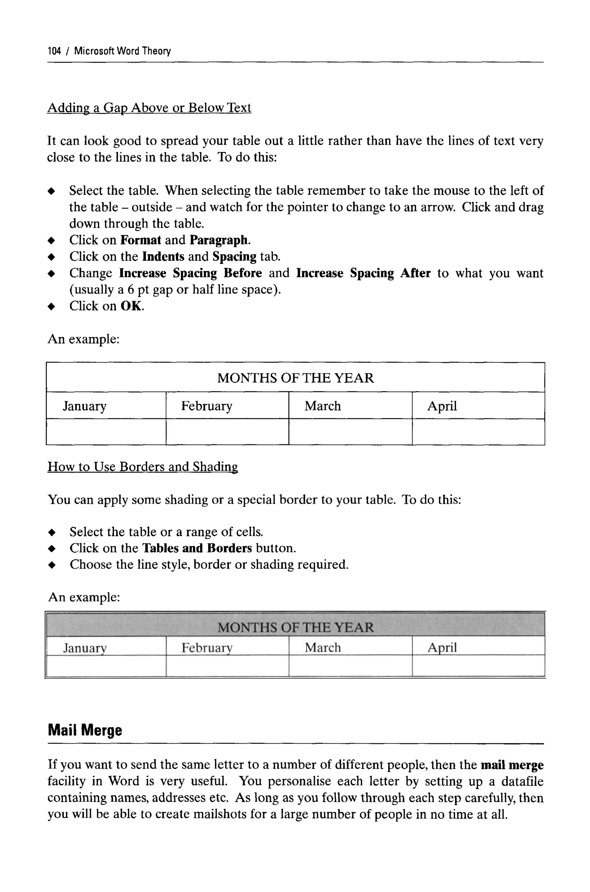 Microsoft Word Theory
Adding a Gap Above or Below Text
It can look good to spread your table out a little rather than have the lines of text very
close to the lines in the table. To do this:
Select the table. When selecting the table remember to take the mouse to the left of
the table - outside - andwatch for the pointer to change to an arrow. Click anddrag
down through the table.
Click on Format and Paragraph.
Click on the Indents and Spacingtab.
Change Increase Spacing Before and Increase Spacing After to what you want
(usually a 6 pt gap or half line space).
Click on OK.
An example:
MONTHS OF THE YEAR
January February March April
How to Use Borders and Shading
You can apply some shading or a special border to your table. To do this:
Select the table or a range of cells.
Click on the Tables and Borders button.
Choose the line style, border or shading required.
An example:
MONTHS OFTHE YEAR
January February March April
Mail Merg
If you want to send the same letter to a number of different people, then the mail merge
facility in Word is very useful. You personalise each letter by setting up a datafile
containing names, addresses etc. As long as you follow through each step carefully, then
you will be able to create mailshots for a large number of people in no time at all.
104
 