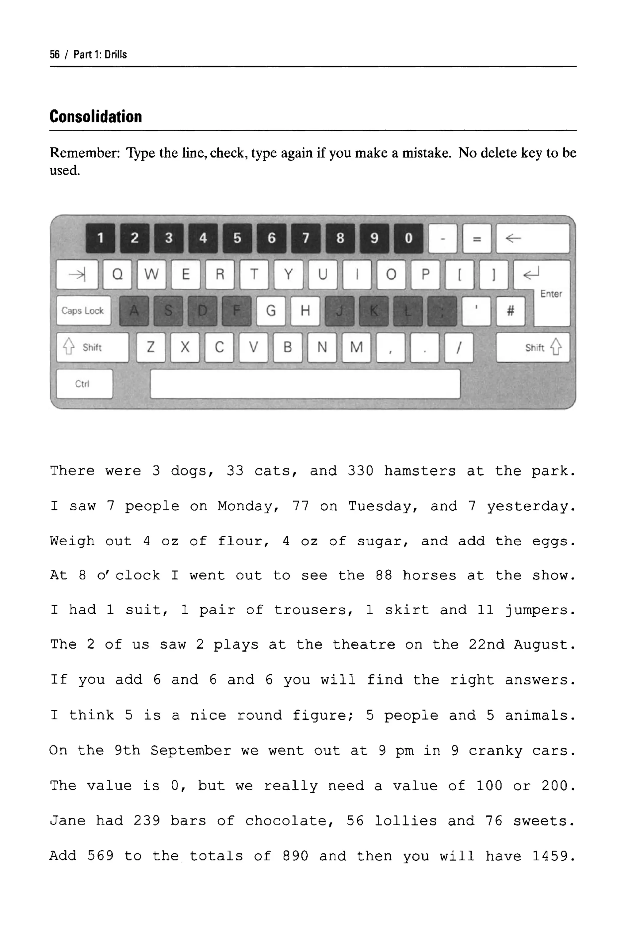 Parti: Drills
Consolidation
Remember: Type the line, check, type again if you make a mistake. No delete key to be
used.
There were 3 dogs, 33 cats, and 330 hamsters at the park.
I saw 7 people on Monday, 77 on Tuesday, and 7 yesterday.
Weigh out 4 oz of flour, 4 oz of sugar, and add the eggs.
At 8 o' clock I went out to see the 88 horses at the show.
I had 1 suit, 1 pair of trousers, 1 skirt and 11 jumpers.
The 2 of us saw 2 plays at the theatre on the 22nd August.
If you add 6 and 6 and 6 you will find the right answers.
I think 5 is a nice round figure; 5 people and 5 animals.
On the 9th September we went out at 9 pm in 9 cranky cars.
The value is 0, but we really need a value of 100 or 200.
Jane had 239 bars of chocolate, 56 lollies and 76 sweets.
Add 569 to the totals of 890 and then you will have 1459.
56
 
