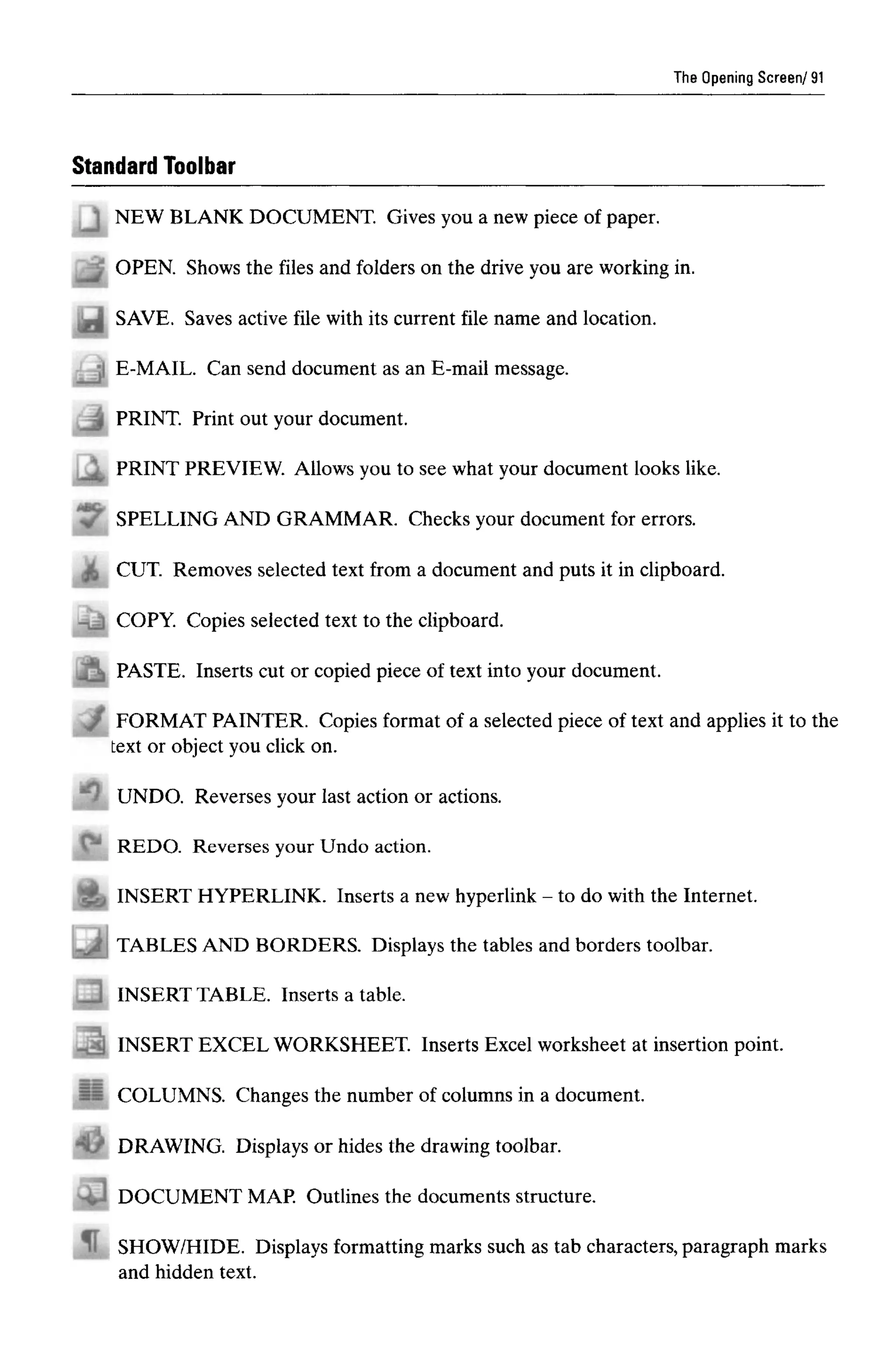 The Opening Screen,
Standard Toolbar
91
NEW BLANK DOCUMENT. Gives you a new piece of paper.
OPEN. Shows the files and folders on the drive you are working in.
SAVE. Saves active file with its current file name and location.
E-MAIL. Can send document as an E-mail message.
PRINT. Print out your document.
PRINT PREVIEW. Allows you to see what your document looks like.
SPELLING AND GRAMMAR. Checks your document for errors.
CUT. Removes selected text from a document and puts it in clipboard.
COPY. Copies selected text to the clipboard.
PASTE. Inserts cut or copied piece of text into your document.
FORMAT PAINTER. Copies format of a selected piece of text and applies it to the
text or object you click on.
UNDO. Reverses your last action or actions.
REDO. Reverses your Undo action.
INSERT HYPERLINK. Inserts a newhyperlink - to do with the Internet.
TABLES AND BORDERS. Displays the tables and borders toolbar.
INSERT TABLE. Inserts a table.
INSERT EXCEL WORKSHEET. Inserts Excel worksheet at insertion point.
COLUMNS. Changes the number of columns in a document.
DRAWING. Displays or hides the drawing toolbar.
DOCUMENT MAP. Outlines the documents structure.
SHOW/HIDE. Displays formatting marks such as tab characters, paragraph marks
and hidden text.
 