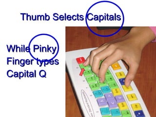 While Pinky Finger types Capital Q Thumb Selects Capitals  