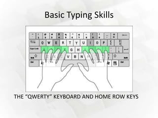 Basic Typing Skills




THE “QWERTY” KEYBOARD AND HOME ROW KEYS
 
