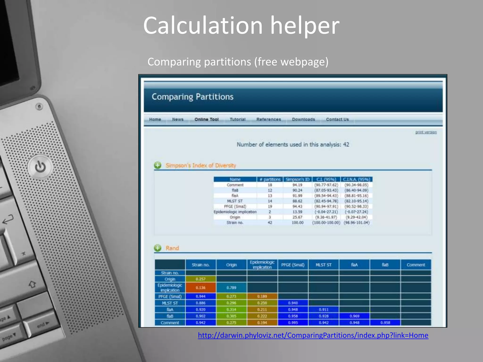 Calculation helper
http://darwin.phyloviz.net/ComparingPartitions/index.php?link=Home
Comparing partitions (free webpage)
 
