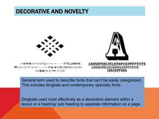 DECORATIVE AND NOVELTY
General term used to describe fonts that can’t be easily categorized.
This includes dingbats and contemporary specialty fonts.
Dingbats used most effectively as a decorative element within a
layout or a heading/ sub heading to separate information on a page.
 