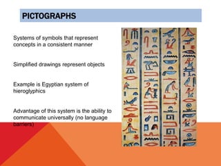 PICTOGRAPHS
Systems of symbols that represent
concepts in a consistent manner
Simplified drawings represent objects
Example is Egyptian system of
hieroglyphics
Advantage of this system is the ability to
communicate universally (no language
barriers)
 