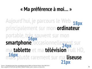51 
Source : Un petit pas pour l'em, un grand pas pour le Web, par Nicolas Hoisey, Paris Web 2013 
Bien composer le texte web, par Romy Duhem-Verdière, pour Codeurs en Seine 2014 
 