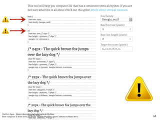 68 
Outil en ligne : https://drewish.com/tools/vertical-rhythm/ 
Bien composer le texte web, par Romy Duhem-Verdière, pour Codeurs en Seine 2014 
 