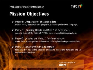 Proposal for market introduction

Mission Objectives
     Phase 0: „Preparation“ of Stakeholders
     muster ideas, ressources and people to plan and prepare the campaign.

     Phase 1: „ Winning Hearts and Minds“ of Developers
     winning those at the heart of TYPO3‘s success: developers everywhere.

     Phase 2: „Making the Wave...“ for Consultancies
     make them work together and create a thriving feedback-production loop.

     Phase 3: „and Surﬁng it“ alltogether!
     take an active role in the adaption of existing extensions' functions into 5.0-
     compatible extensions.
     .


                                                        Inspiring people to
                                                       share
 